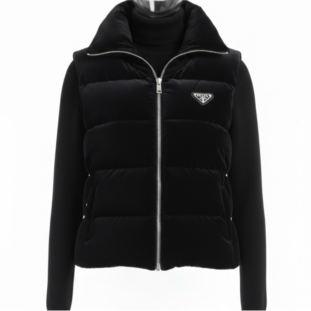 Premium Velvet Quilted Puffer Vest Black High-Neck Zip Down Coat Size Medium